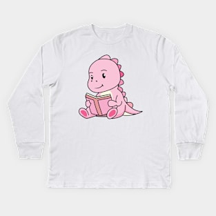 Cute Pink Dinosaur Read Book - Dinosaur Birthday Kids Long Sleeve T-Shirt